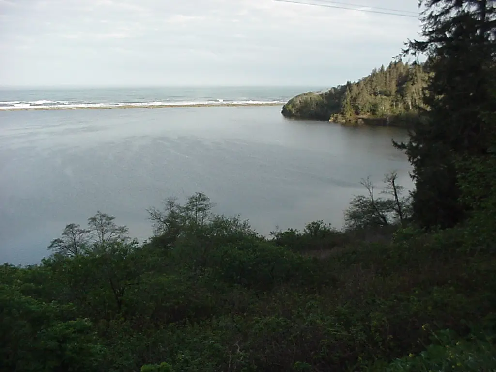 Stone Lagoon and coastal bar in Humboldt Lagoons State Park, viewed from United States Highway 101 in Humboldt County, California, USA
