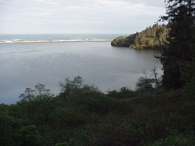 Stone Lagoon and coastal bar in Humboldt Lagoons State Park, viewed from United States Highway 101 in Humboldt County, California, USA
