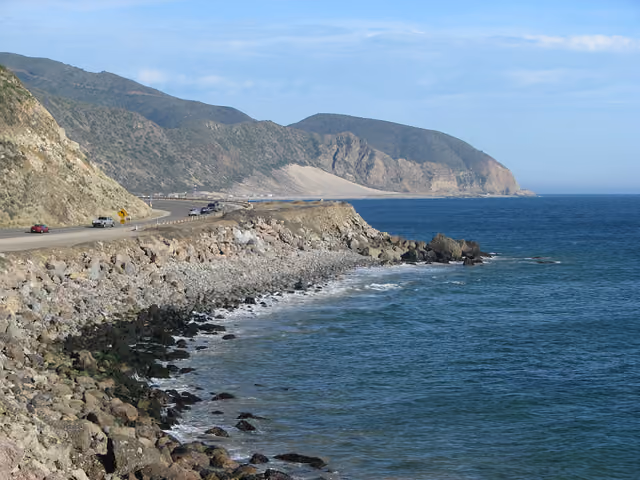 California State Route 1—Pacific Coast Highway — view towards Point Mugu State Park near Point Mugu, at the Santa Monica Mountains coast