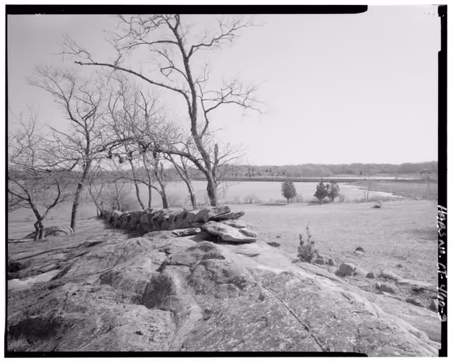 View of typical stone wall and Palmer Cove, near southeast corner of Haley Farm, facing south - Haley Farm, Brook Street, Groton, New…