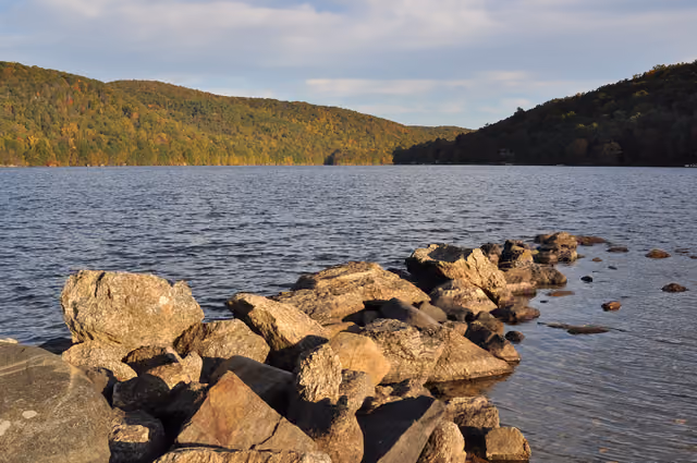Squantz Pond in Squantz Pond State Park , New Fairfield, Connecticut, USA, on an autumn morning