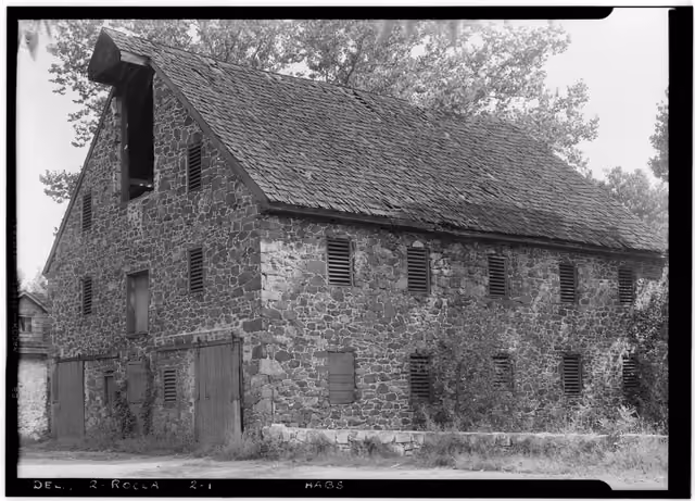 Historic American Buildings Survey W. S. Stewart, Photographer Sept.16, . VIEW FROM SOUTH - Old Kirk's Mill, Brandywine Creek at Road ,…
