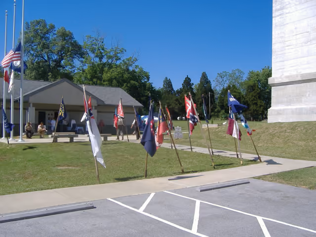 Flags at the Jefferson Davis monument in Fairview, Kentucky