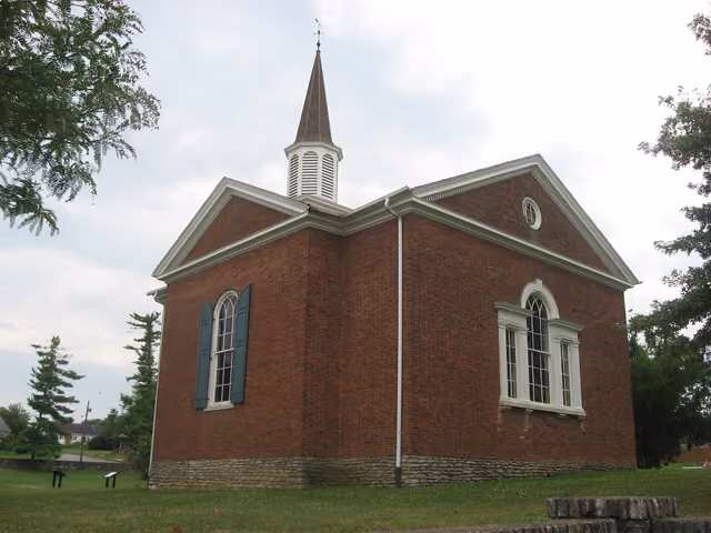 Rear of the Lincoln Marriage Temple, which shelters the cabin in which Thomas Lincoln married Nancy Hanks — Old Fort Harrod State Park