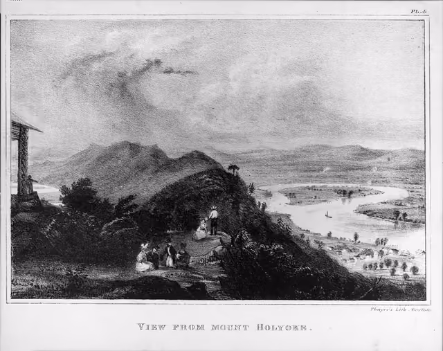 Lithograph: Illustration showing view from the top of Mount Holyoke toward the valley and Connecticut River below