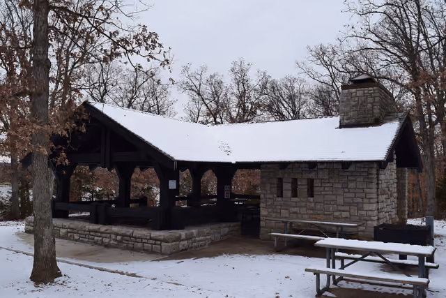 The CCC -built picnic shelter at Mark Twain State Park in Monroe County, Missouri
