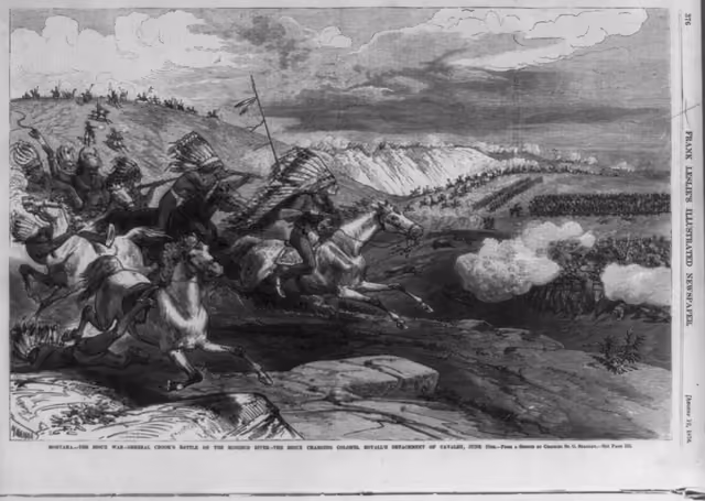 The Sioux charging Colonel Royall's detachment of Cavalry, June 17th: wood engraving in Frank Leslie's Illustrated Newspaper, 1876 Aug —…