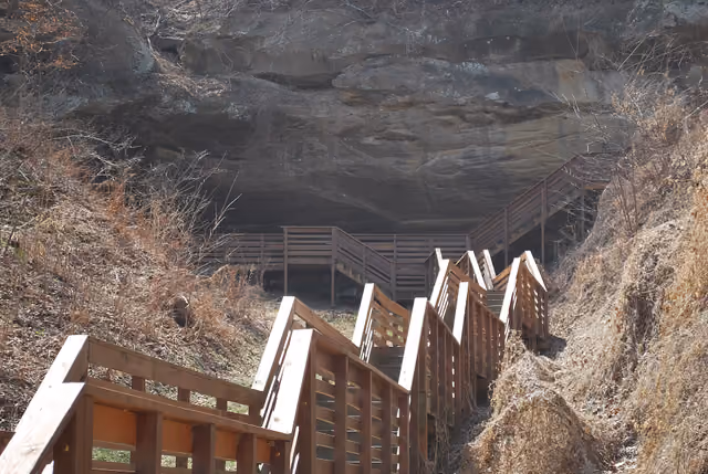 The stairs leading up to the rock shelter for which Indian Cave State Park is named