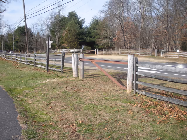 View of unimproved entrance to the Freehold-Jamesburg trail in Allaire State Park, NJ