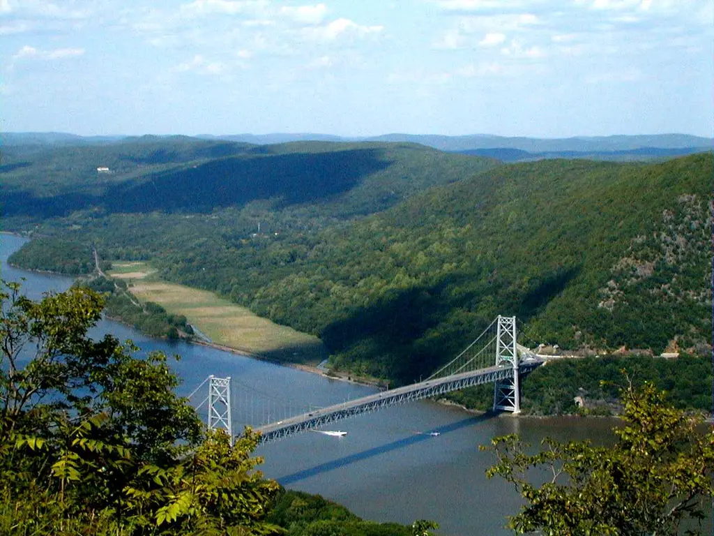 View of the Bear Mountain Bridge over the Hudson River, seen from the top of Bear Mountain