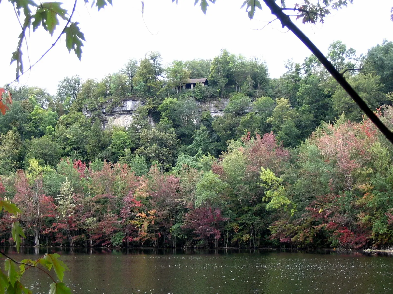 The Glacier (Green) lake in w:Clark Reservation State Park , New York, and the cliff of the former waterfall