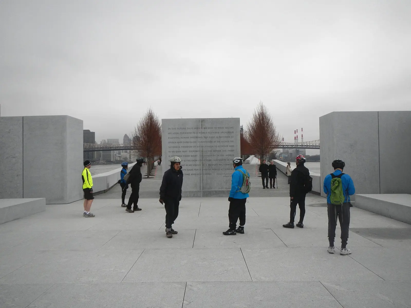 Looking north at inscription with 5BBC tour group, on a cloudy early afternoon — Franklin D. Roosevelt Four Freedoms State Park