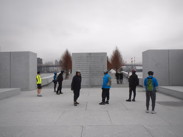 Looking north at inscription with 5BBC tour group, on a cloudy early afternoon — Franklin D. Roosevelt Four Freedoms State Park