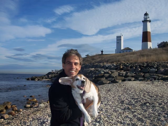 Phlash Phelps and his dog Clyde in Montauk, New York