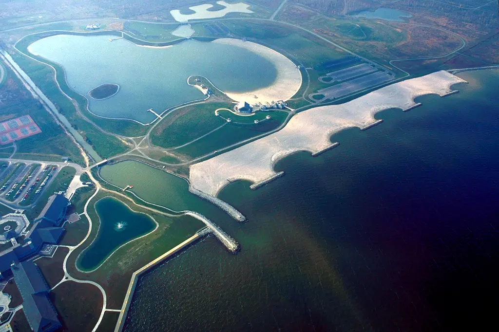 Aerial view of Maumee Bay State Park on Lake Erie near Toledo, Ohio, USA