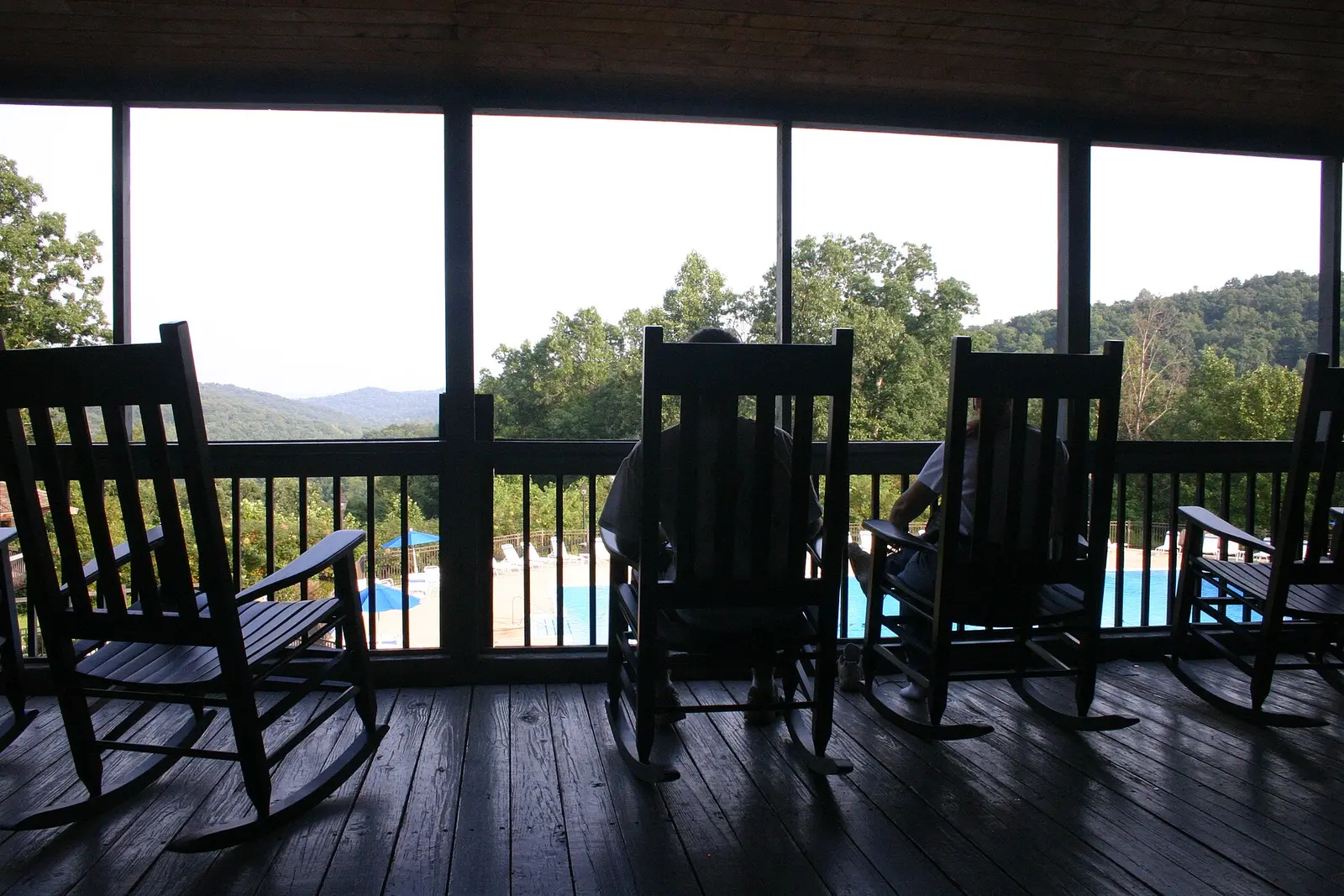 Rocking chairs line the second floor back porch of the lodge at Shawnee State Park in Scioto County, Ohio