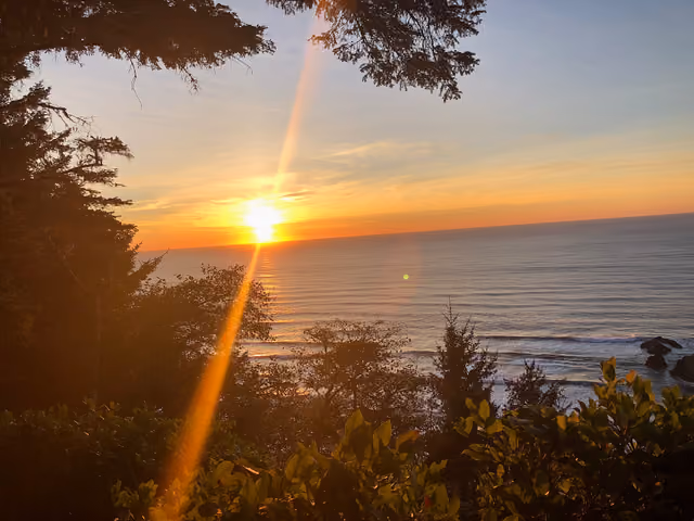 The sun setting over the Pacific Ocean, seen from a wooded headland on the Indian Beach Trail in Ecola State Park, Clatsop County,…