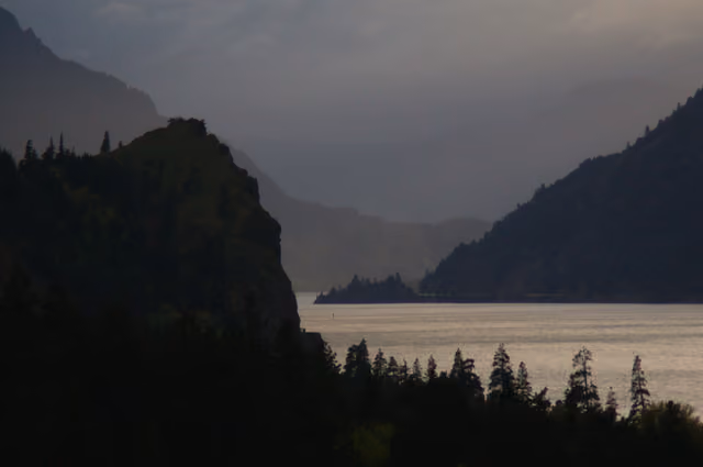 View of Columbia River Gorge by Rooster Rock in Oregon on the Columbia River Gorge National Scenic Area