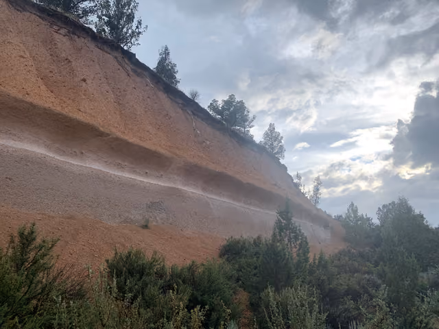 Sedimentary layers on south side of Tumalo State Park, seemingly exposed for road construction