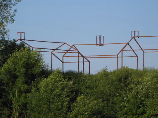 "Ghost Houses" commemorating the Willamette Mission at Willamette Mission State Park, Wheatland, Oregon, United States