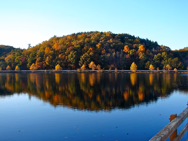 Lake and hills with turning leaves in Little Buffalo State Park, Perry County, Pennsylvania