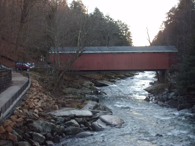 View of McConnell's Mill Covered Bridge at McConnells Mill State Park , located in far eastern Slippery Rock Township , Lawrence County…
