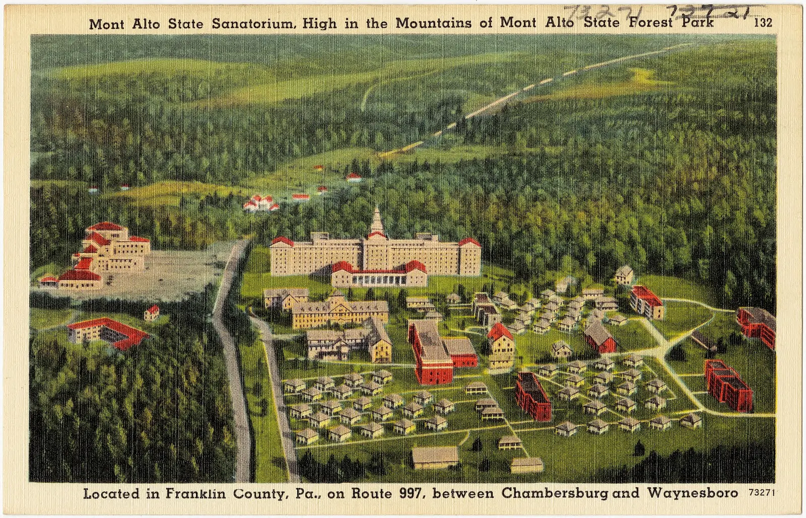 Mont Alto Sanatorium, high in mountains of Mont Alto State Forest Park, located in Franklin County, Pa., on Route 997, between…