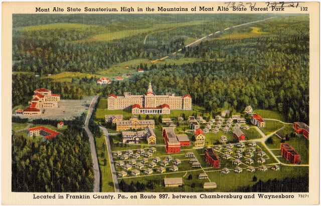 Mont Alto Sanatorium, high in mountains of Mont Alto State Forest Park, located in Franklin County, Pa., on Route 997, between…
