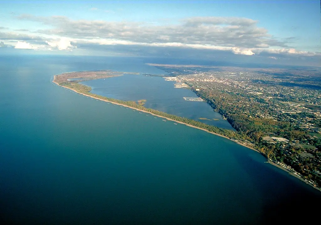 Aerial view of Presque Isle State Park on Lake Erie near Erie, Pennsylvania, USA