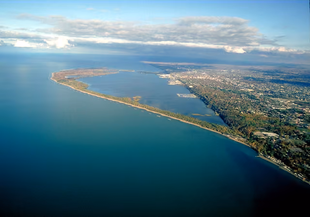 Aerial view of Presque Isle State Park on Lake Erie near Erie, Pennsylvania, USA