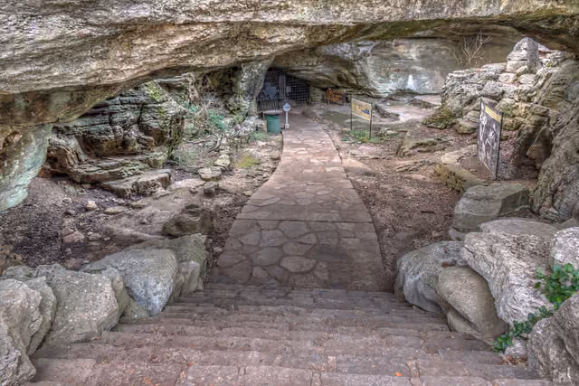 staircase leading to the cavern entrance — Longhorn Cavern State Park