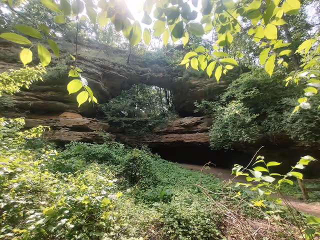 A view of the natural bridge and rockshelter in the state park in Sauk County, Wisconsin