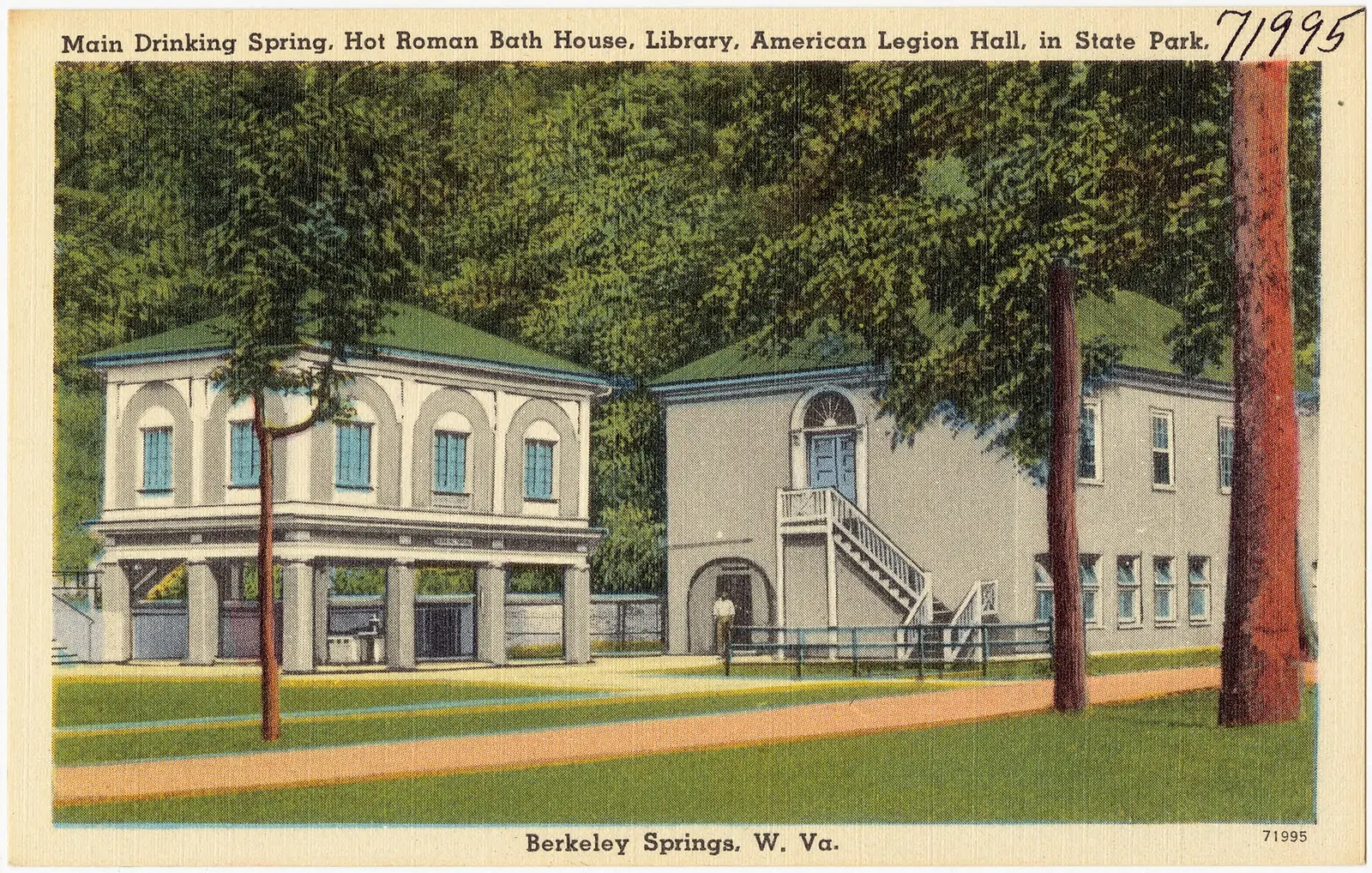 Main drinking springs, Hot Roman Bath House, library, American Legion Hall, in state park, Berkeley Springs, W