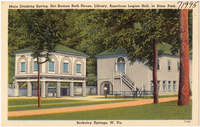 Main drinking springs, Hot Roman Bath House, library, American Legion Hall, in state park, Berkeley Springs, W