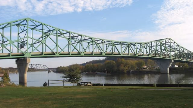 Western (downstream) side of the Bartow Jones Bridge , which carries West Virginia Route 2 over the Kanawha River at its confluence with…