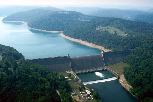 Tygart Lake and Dam on the Tygart River near the town of Grafton in Taylor County, West Virginia, USA