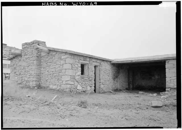 Detail of east facade showing covered porch - Point of Rocks Stage Station, Rock Springs vicinity, Point of Rocks, Sweetwater County, WY…